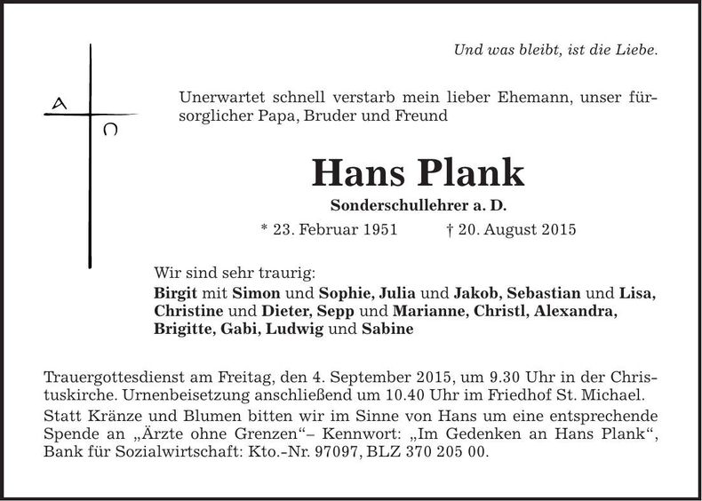 Traueranzeige Hans Plank