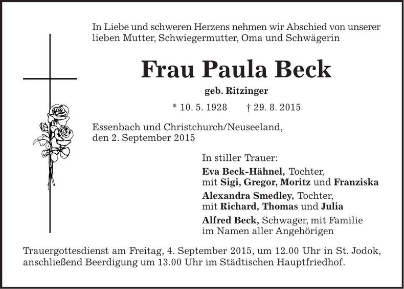 Traueranzeige Paula Beck