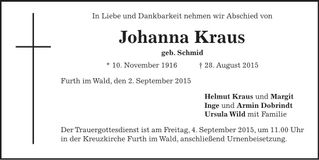 Traueranzeige Johanna Kraus
