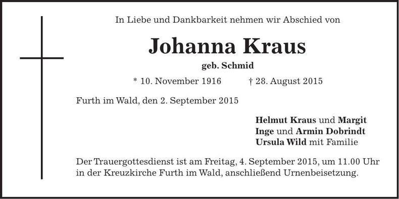 Traueranzeige Johanna Kraus