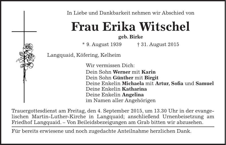 Traueranzeige Erika Witschel