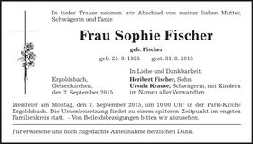 Traueranzeige Sophie Fischer