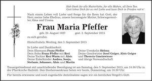 Traueranzeige Maria Pfeffer