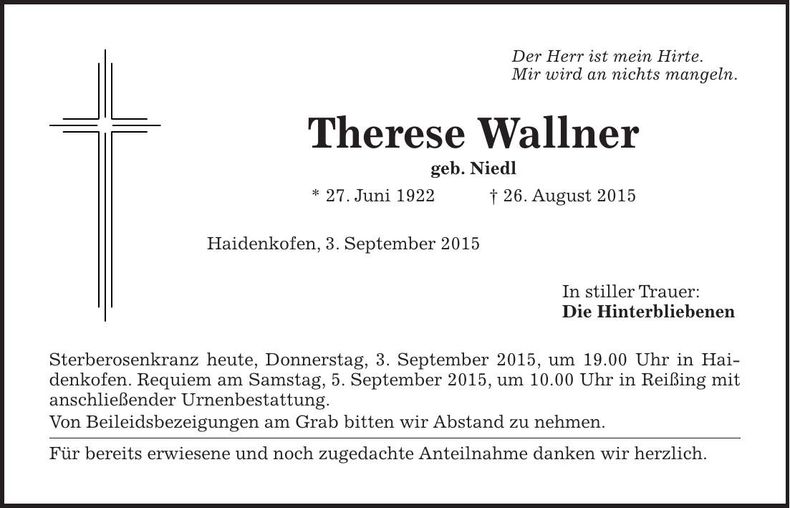 Traueranzeige Therese Wallner