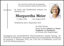 Traueranzeige Margaretha Meier