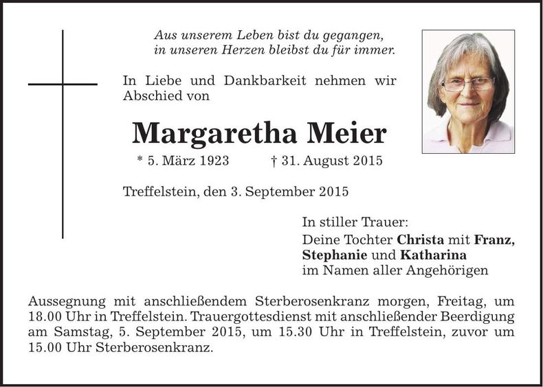 Traueranzeige Margaretha Meier