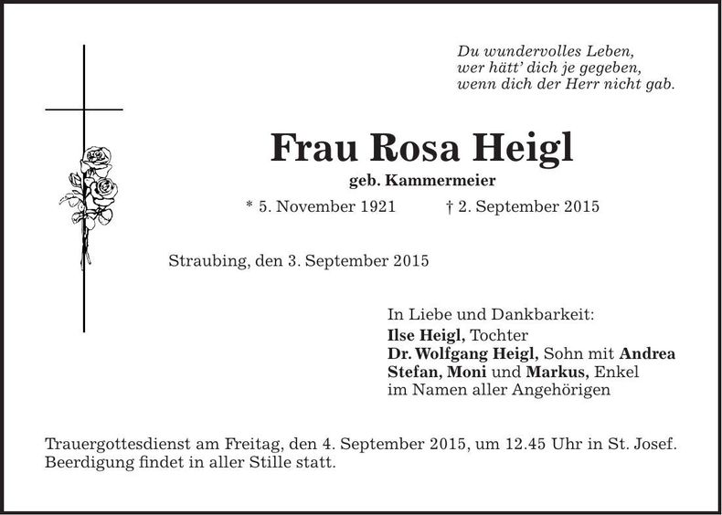 Traueranzeige Rosa Heigl
