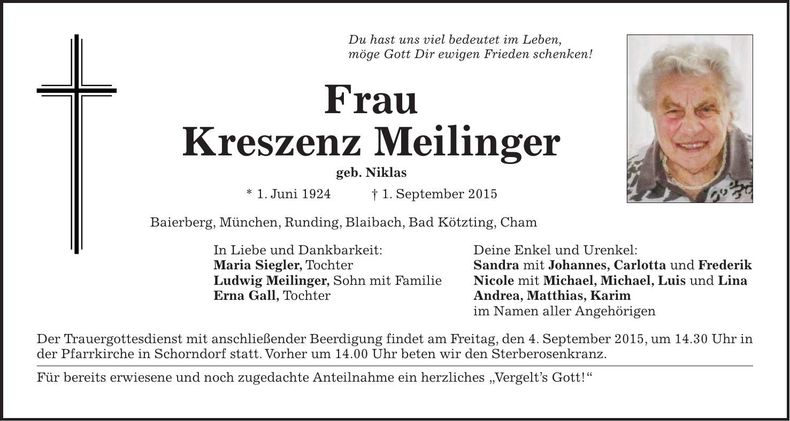 Traueranzeige Kreszenz Meilinger