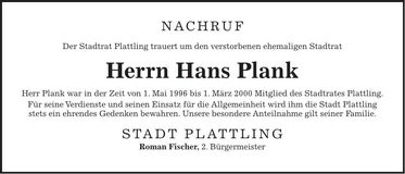 Traueranzeige Hans Plank