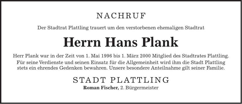 Traueranzeige Hans Plank