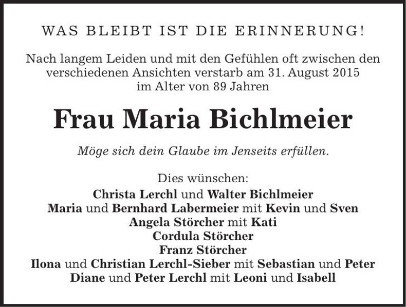 Traueranzeige Maria Bichlmeier