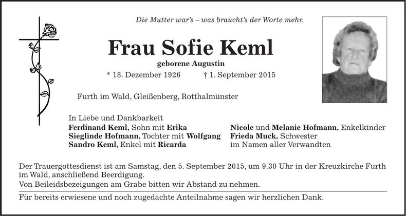 Traueranzeige Sofie Keml