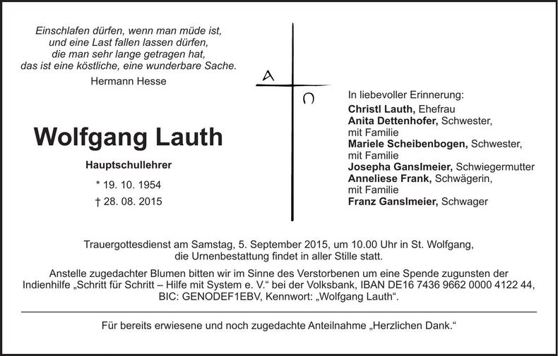 Traueranzeige Wolfgang Lauth