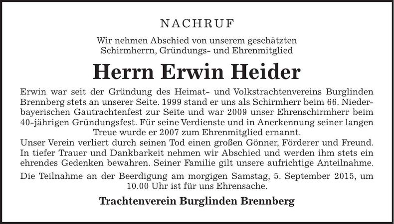 Traueranzeige Gerlinde Fink Trachtenverein Burglinden Brennberg