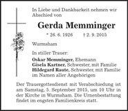 Traueranzeige Gerda Memminger