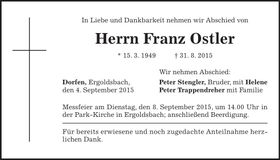 Traueranzeige Franz Ostler