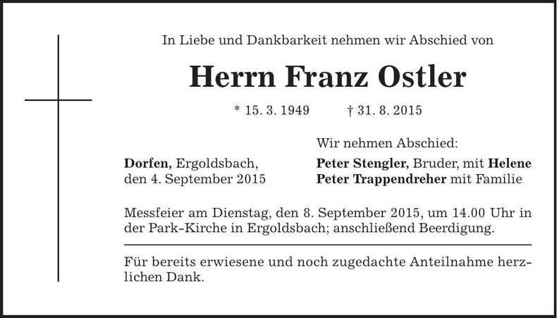 Traueranzeige Franz Ostler