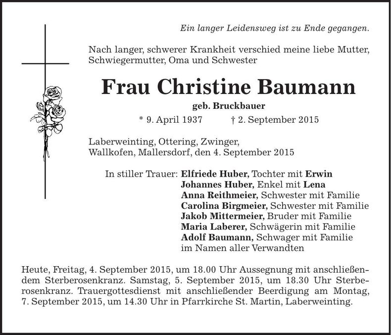 Traueranzeige Christine Baumann