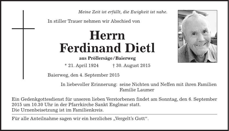 Traueranzeige Ferdinand Dietl