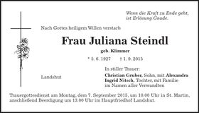 Traueranzeige Juliana Steindl