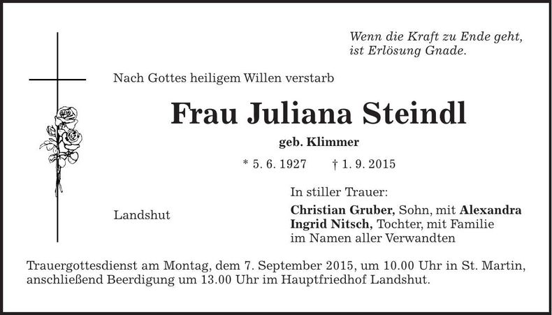 Traueranzeige Juliana Steindl