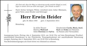 Traueranzeige Erwin Heider