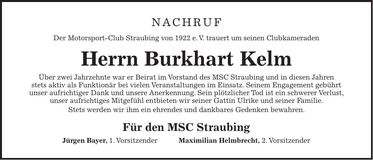Traueranzeige Burkhart Kelm