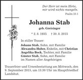 Traueranzeige Johanna Stab