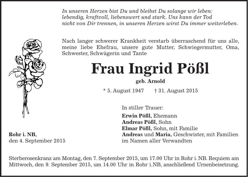 Traueranzeige Ingrid Pößl
