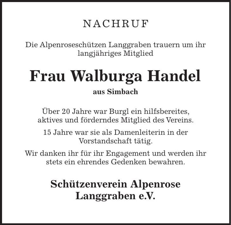 Traueranzeige Walburga Handel