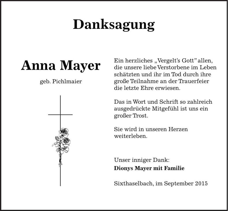 Traueranzeige Anna Mayer