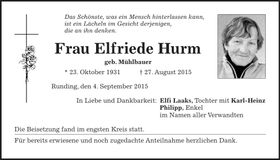 Traueranzeige Elfriede Hurm