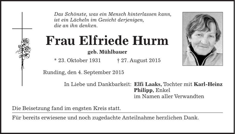 Traueranzeige Elfriede Hurm