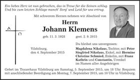 Traueranzeige Johann Klemens