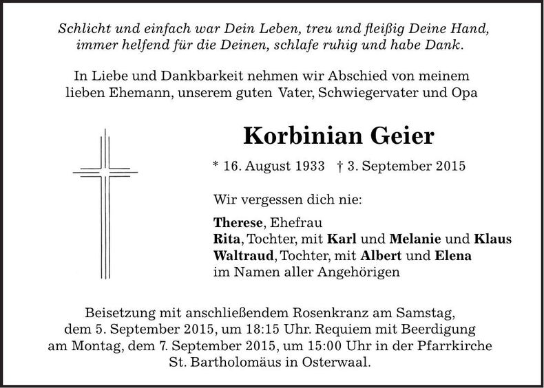 Traueranzeige Korbinian Geier