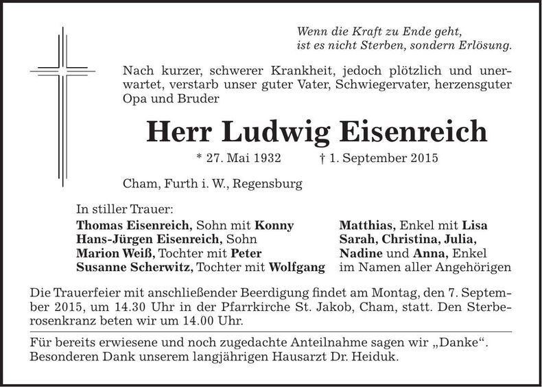 Traueranzeige Ludwig Eisenreich