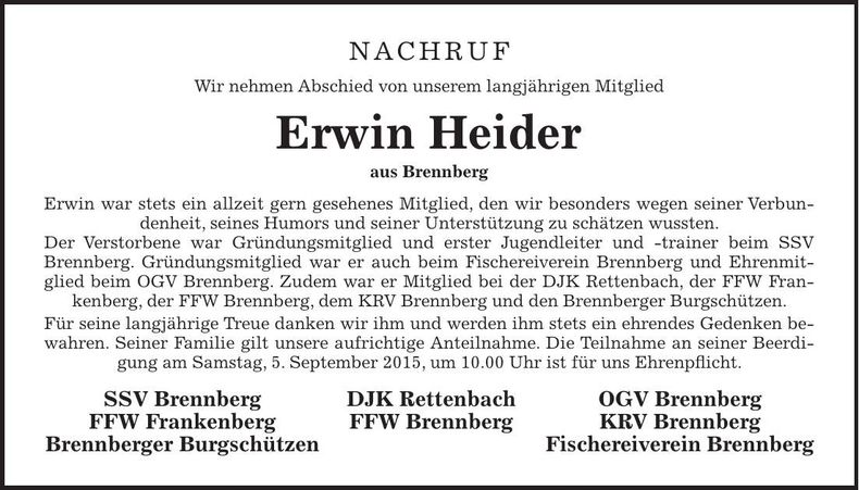 Traueranzeige Kassier Albert Neumeier SSV Brennberg