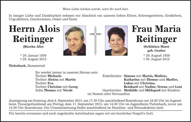 Traueranzeige Alois und Maria Reitinger