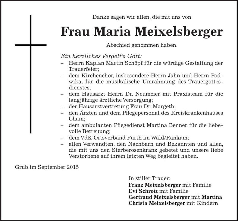 Traueranzeige Maria Meixelsberger