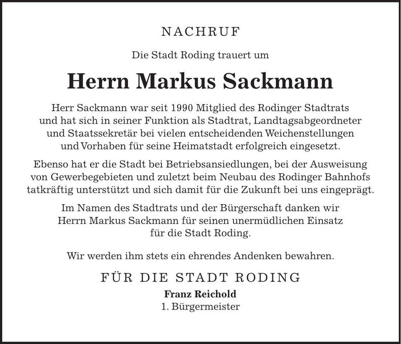 Traueranzeige Markus Sackmann