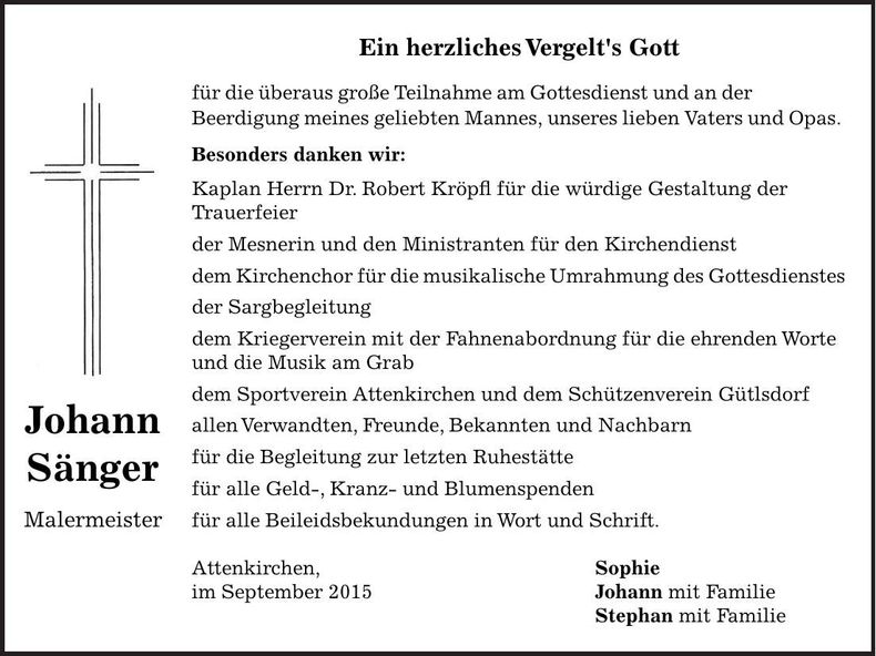 Traueranzeige Johann Sänger