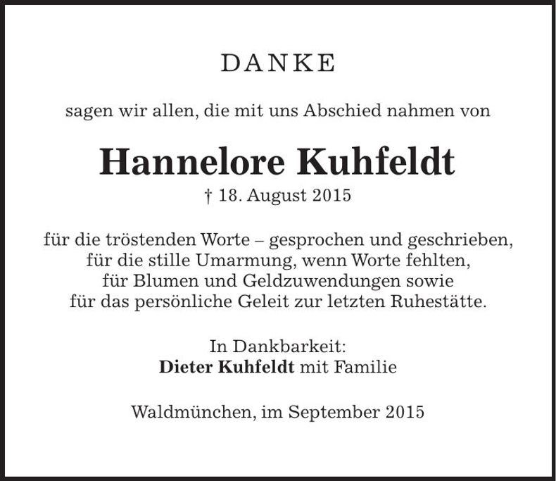 Traueranzeige Hannelore Kuhfeldt
