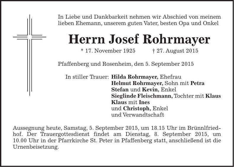 Traueranzeige Josef Rohrmayer