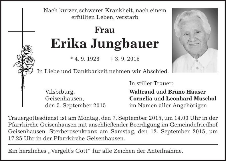 Traueranzeige Erika Jungbauer