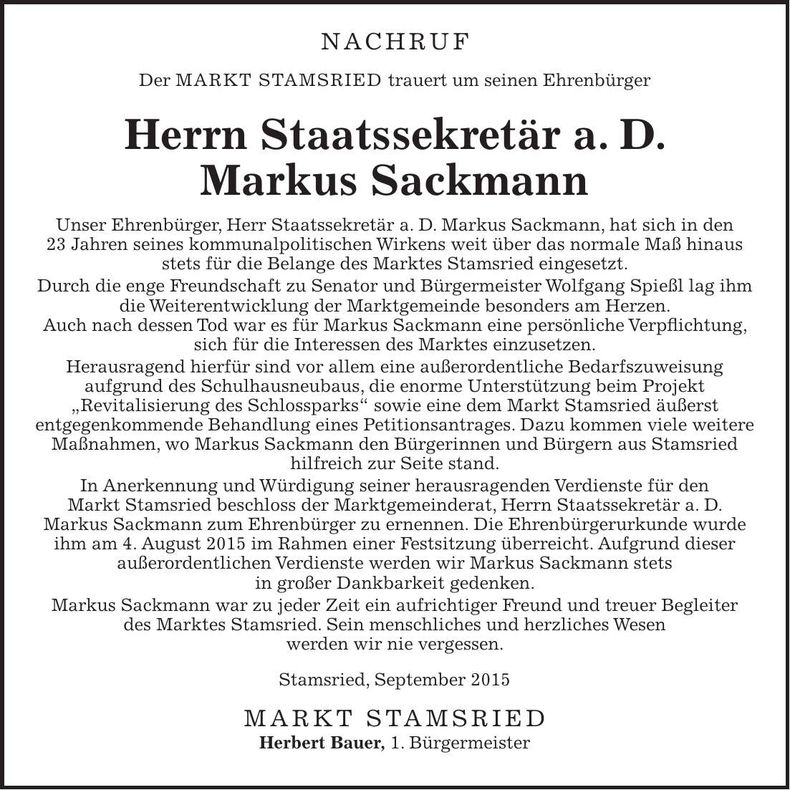 Traueranzeige Markus Sackmann