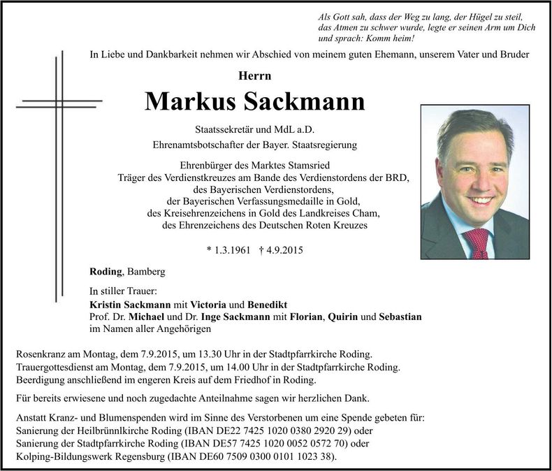 Traueranzeige Markus Sackmann