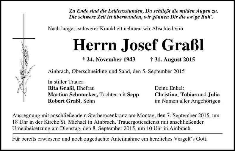 Traueranzeige Josef Graßl