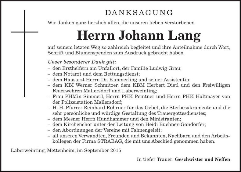 Traueranzeige Johann Lang