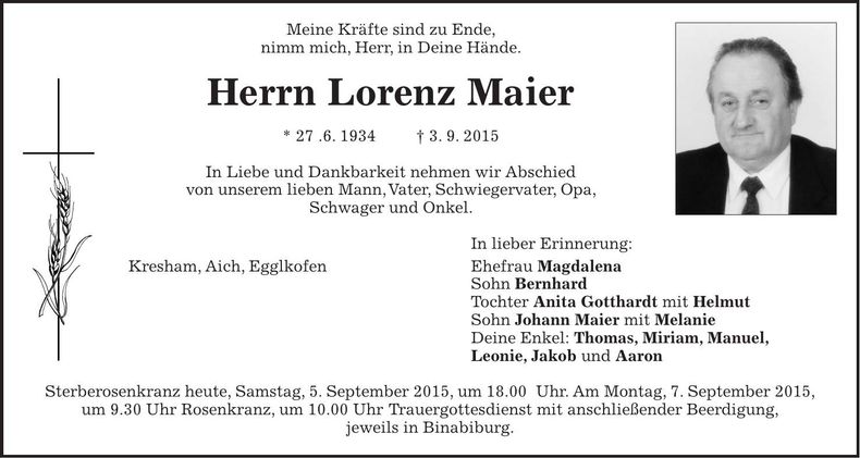 Traueranzeige Lorenz Maier
