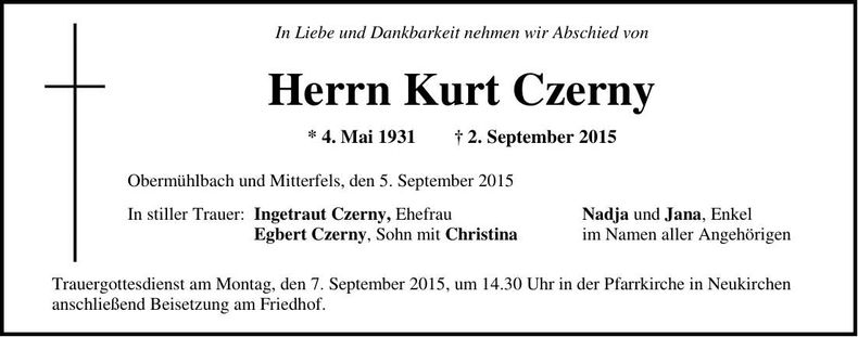 Traueranzeige Kurt Czerny